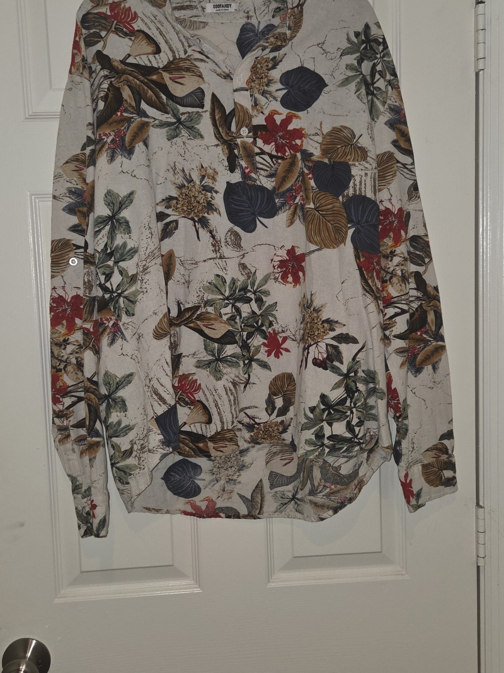 Casual Floral Cotton/Hemp Blend Henley Long-Sleeve Shirt -with Multicolor Print - Picture 2 of 4